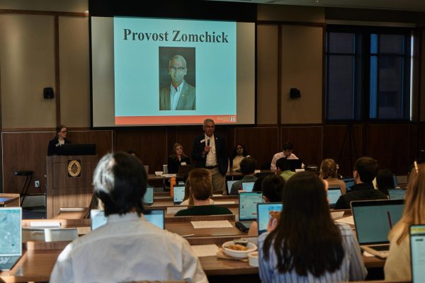 Provost Zomchick speaks in front of the senate.