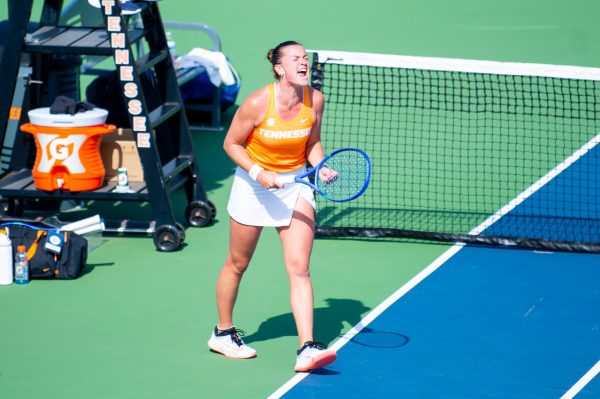 Fran Mattioli celebrates after a clutch hit during a match against Texas A&M at Barksdale Stadium, Friday, March 20, 2026.