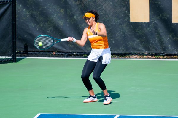 Katrina Scott hits a groundstroke during a match against Texas A&M at Barksdale Stadium, Friday, March 20, 2026. 