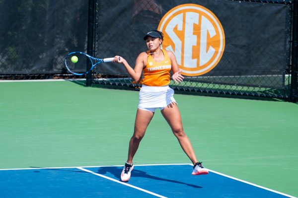 Leyla Britez Risso hits a forehand in a match against Texas A&M at Barksdale Stadium, Friday, March 20, 2026. 