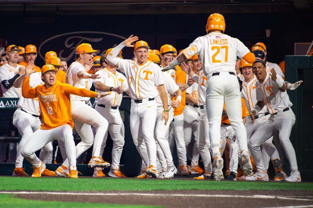Tennessee's dugout celebrates a Stone Lawless (27) home run during a game against Missouri at Lindsey Nelson Stadium, Friday March 20, 2026. 
