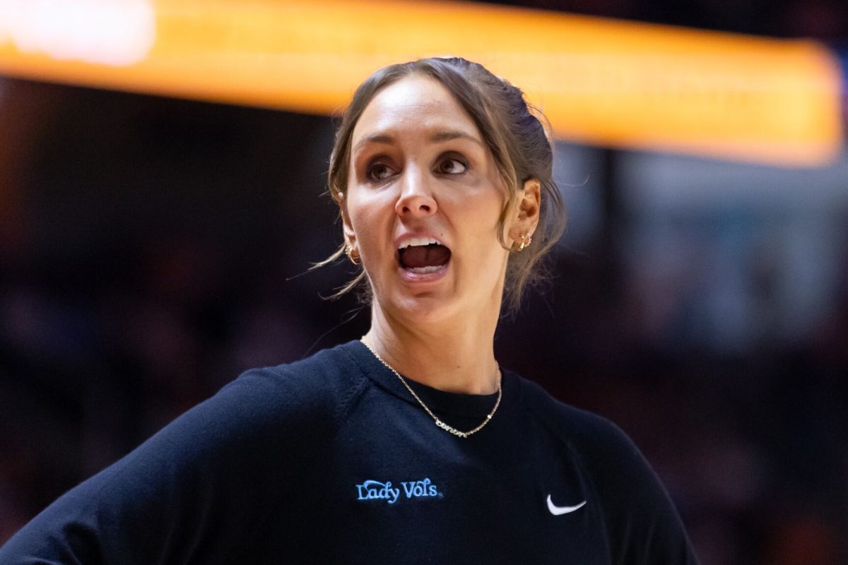 Kim Caldwell coaches during a game against Vanderbilt at Food City Center. Sunday, March 1, 2026.