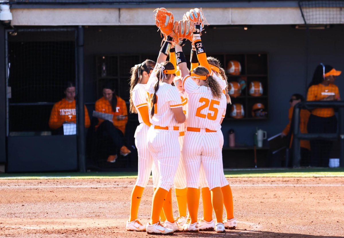 The Lady Vols softball team huddles up during the game against Appalachian State in Sherri Parker Lee Stadium. Friday, Feb. 2026.