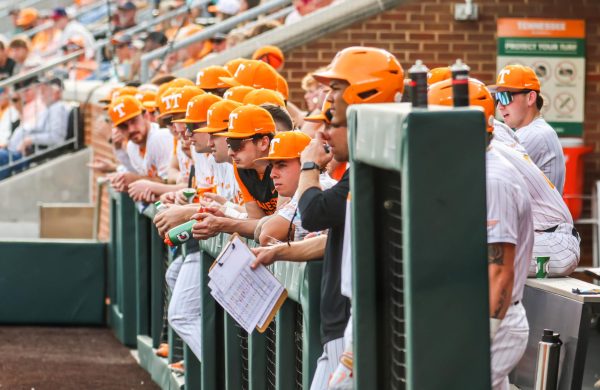 The Vols dugout during the game against Oakland in Lindsey Nelson Stadium. Wednesday, Mar. 4.