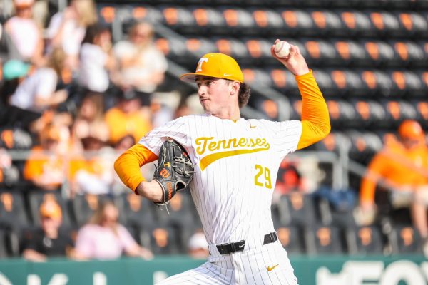 Taylor Tracey (29) pitches to Oakland during a game in Lindsey Nelson Stadium. Wednesday, March 4.