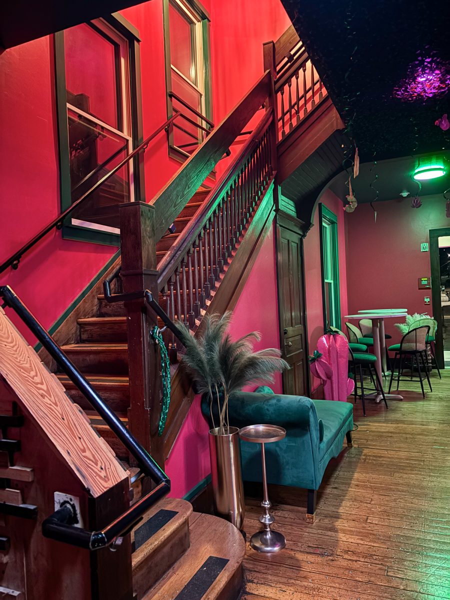 The staircase inside The Pink Cactus between the bar and karaoke rooms. Friday, Feb. 27, 2026.