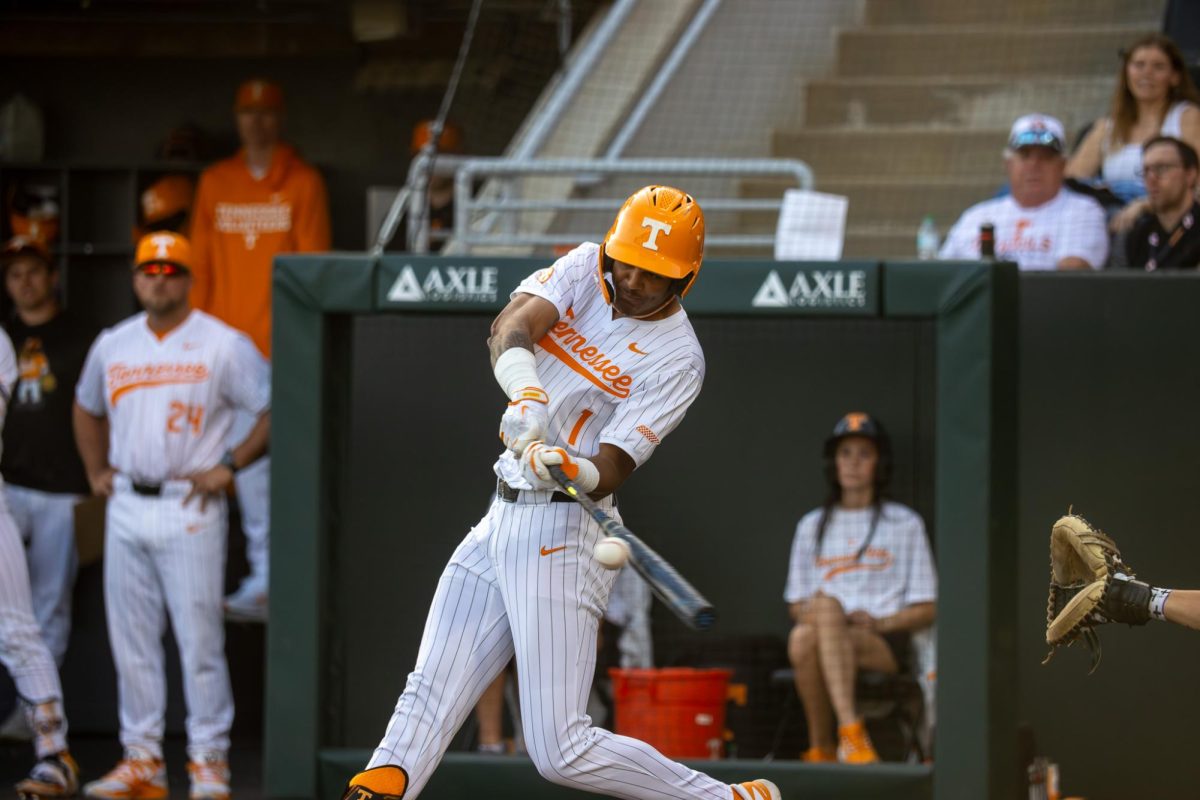 Blaine Brown (1) connects with a pitch during a game against Lipscomb at Lindsey Nelson Stadium. Tuesday, April 21, 2026. 