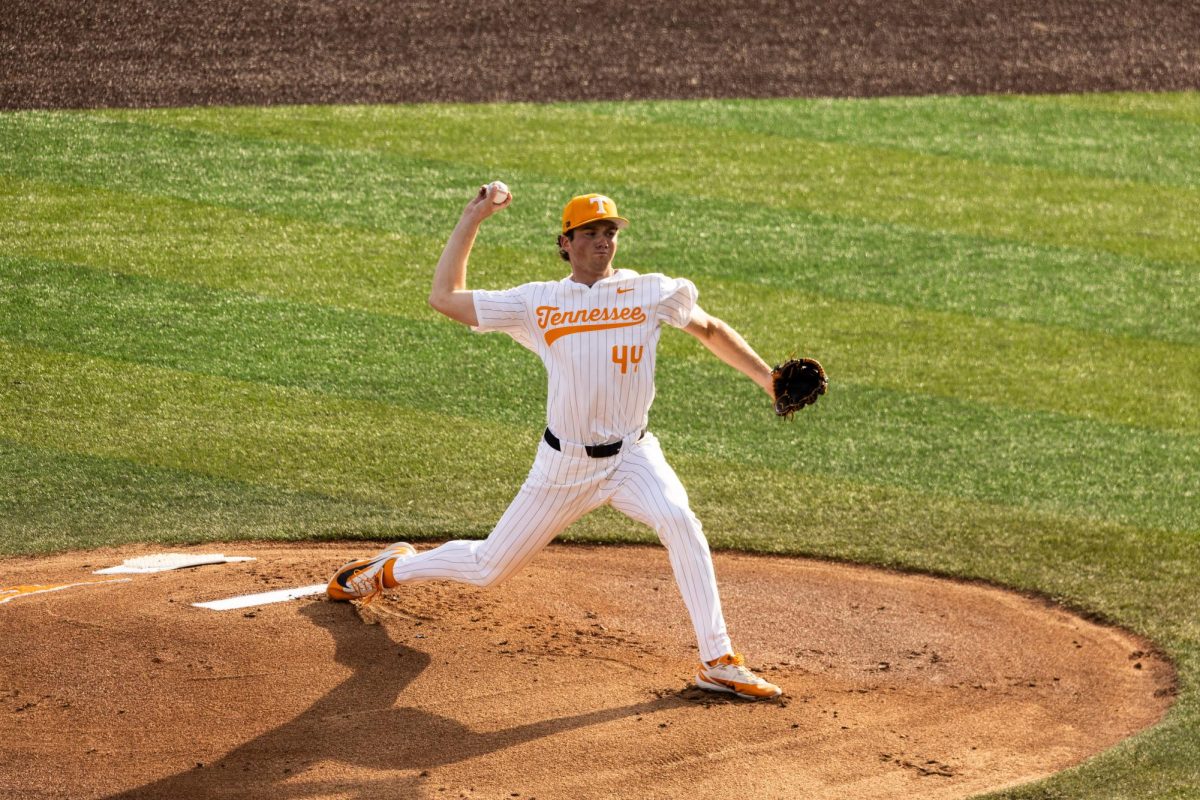 Nic Abraham (44) pitches in a game against Lipscomb at Lindsey Nelson Stadium, Tuesday, April 21, 2026. 