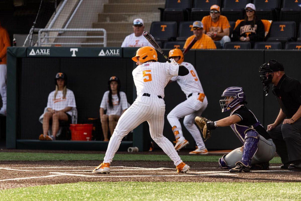 Garrett Wright (5) at bat in a game against Lipscomb at Lindsey Nelson Stadium, Tuesday, April 21, 2026