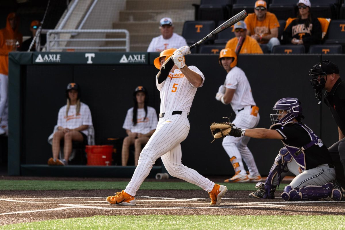 Garrett Wright (5) at bat in a game against Lipscomb at Lindsey Nelson Stadium, Tuesday, April 21st, 2026.