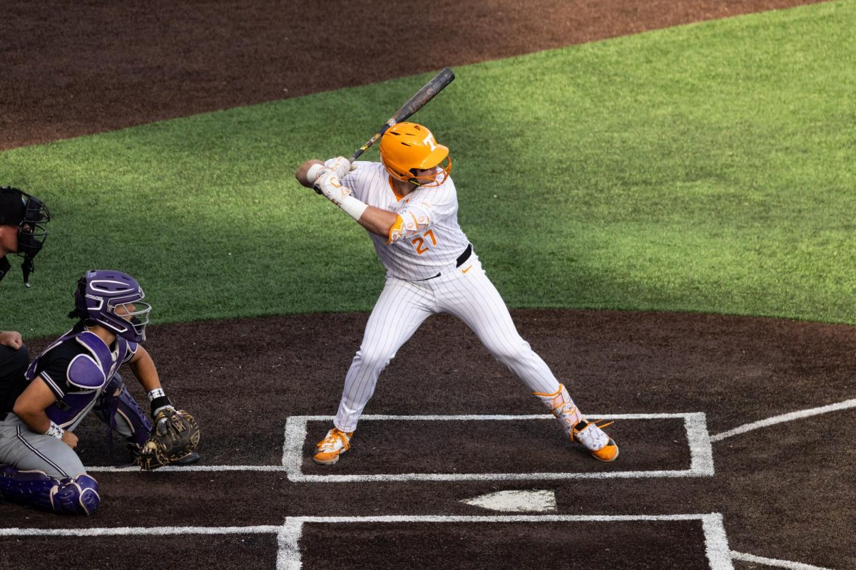 Stone Lawless at bat in a game against Lipscomb at Lindsey Nelson Stadium, Tuesday, April 21, 2026