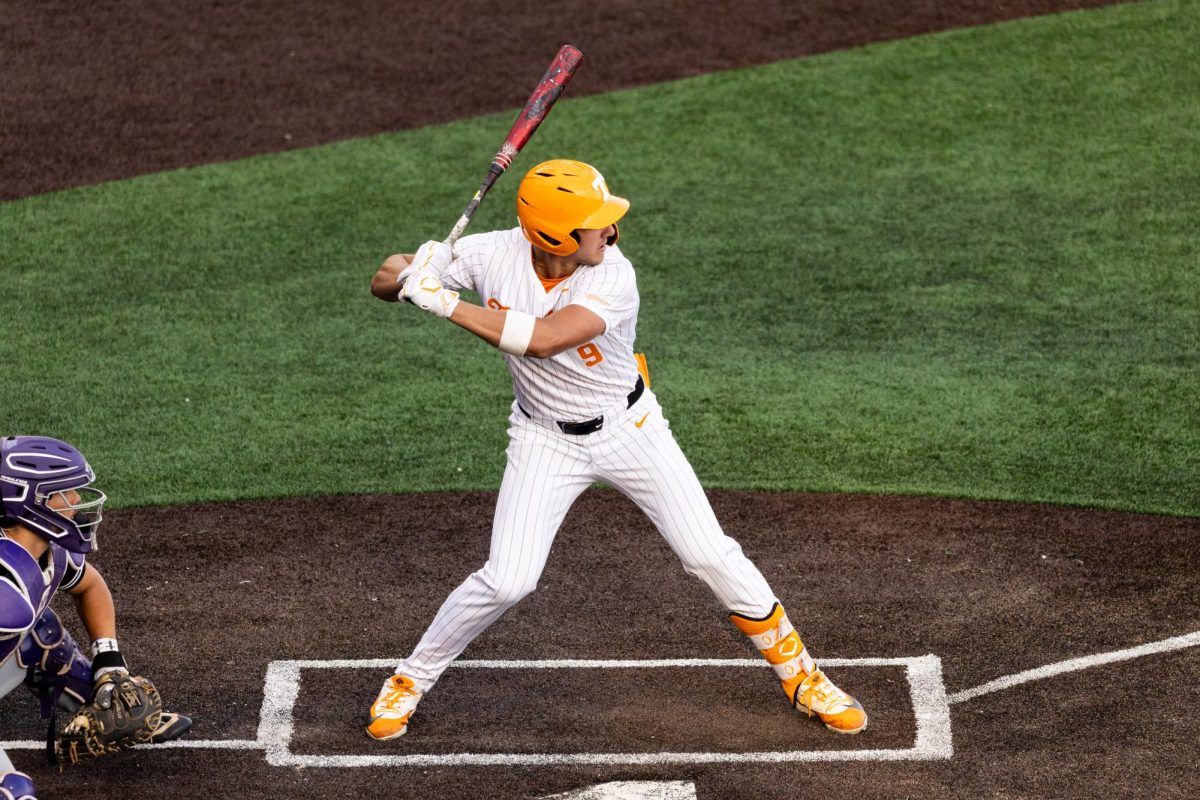 Henry Ford (9) at bat in a game against Lipscomb at Lindsey Nelson Stadium, Tuesday, April 21, 2026.