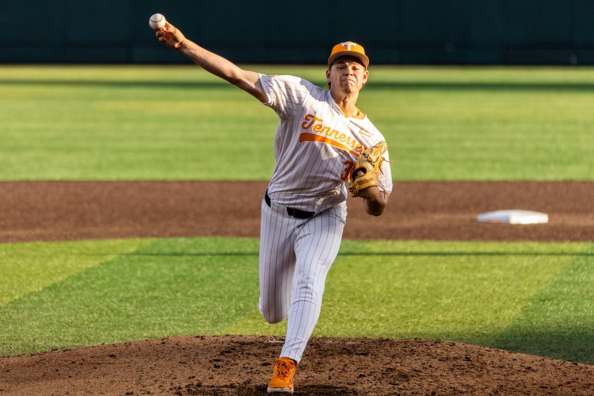 Ethan Baiotto (38) pitches in a game against Lipscomb at Lindsey Nelson Stadium, Tuesday, April 21, 2026. (Luke Goins / The Daily Beacon)