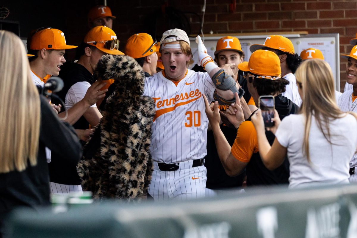 Trent Grindlinger (30) celebrates with temmates after hitting a home run in a game against Lipscomb, Wednesday, April 21, 2026.
