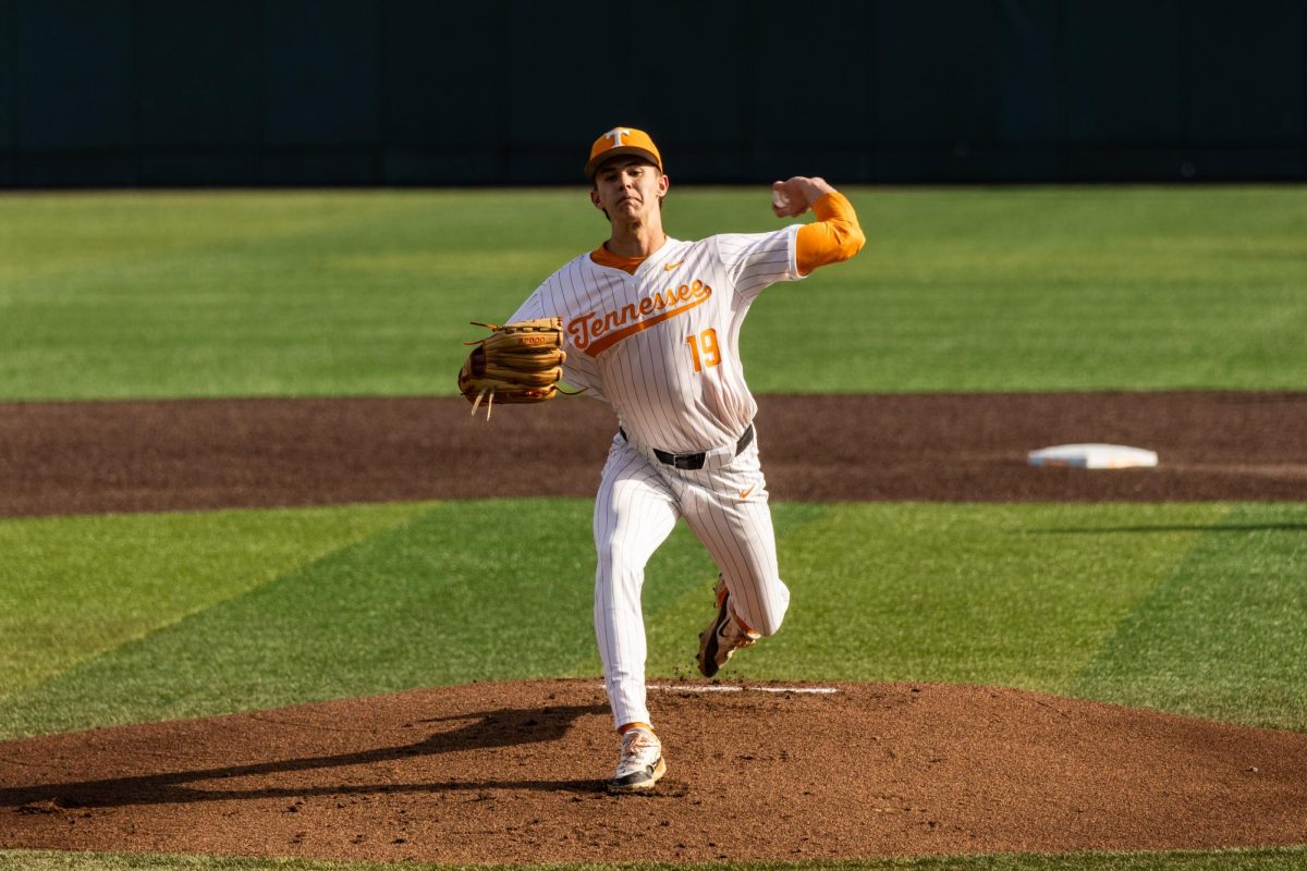 Cam Appenzeller pitches in a game against West Georgia at Lindsey Nelson Stadium, Tuesday, Aprl 28, 2026.