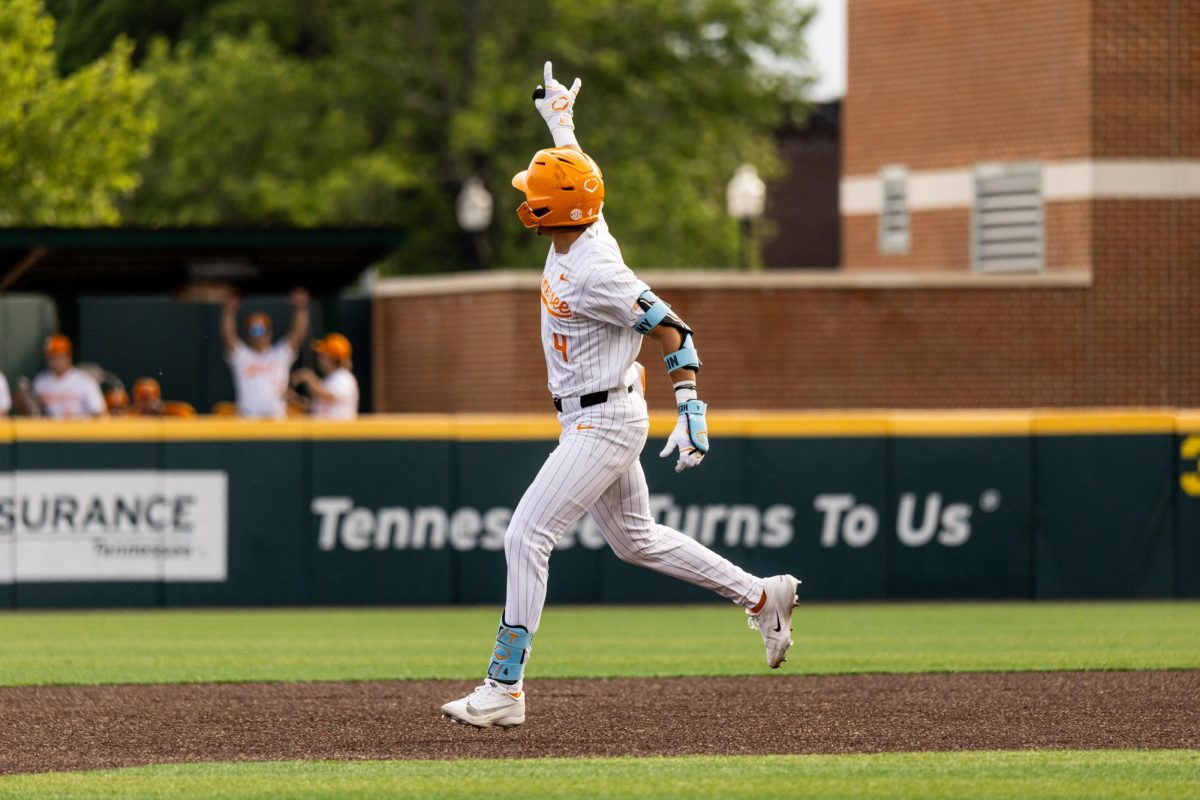 Manny Marin celebrates after hitting a home run in a game against West Georgia at Lindsey Nelson Stadium, Tuesday, April 28, 2026.