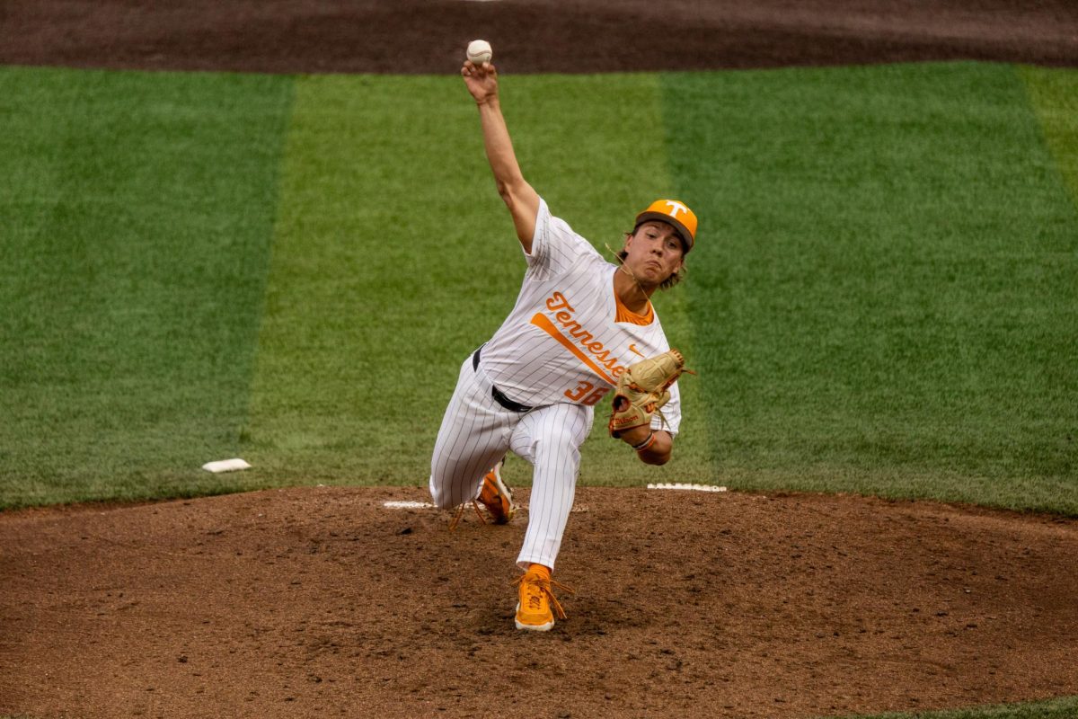 Sawyer Deering (36) pitches in a game against West Georgia at Lindsey Nelson Stadium, Tuesday, April 28, 2026.