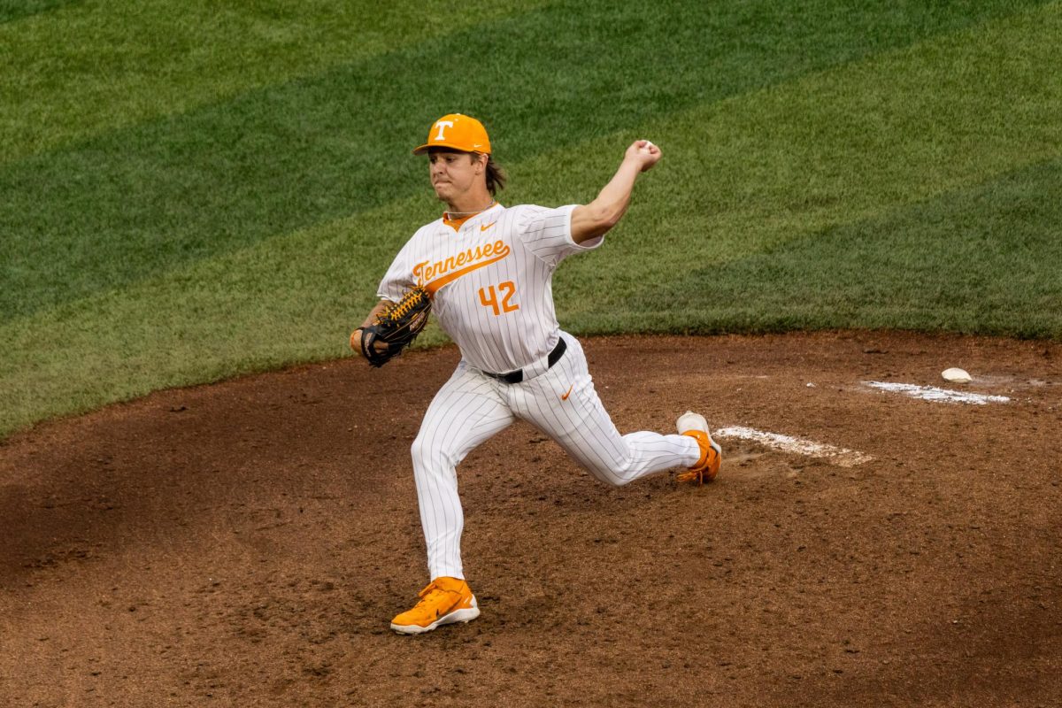 Will Haas (42) pitches in a game against West Georgia at Lindsey Nelson Stadium, Tuesday, April 28, 2026.