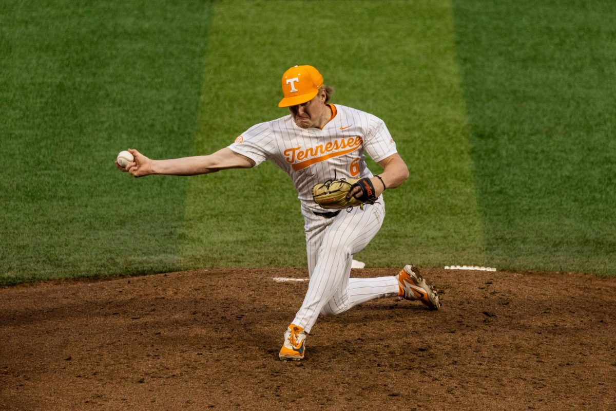 Brady Frederick (6) pitches in a game against West Georgia at Lindsey Nelson Stadium, Tuesday, April 28, 2026.