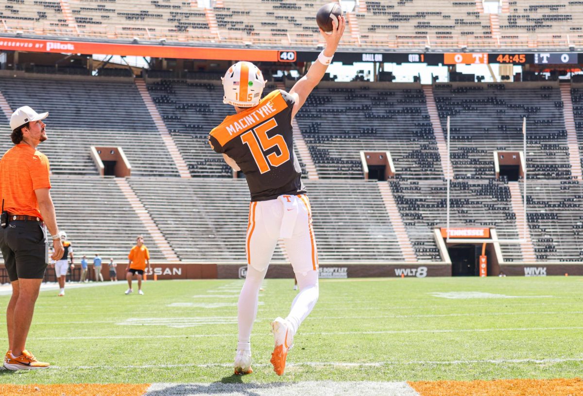 George MacIntyre (15) warms up before the Orange and White game in Neyland Stadium. Saturday, April 11, 2026.