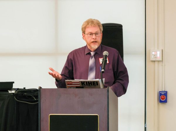 Former Faculty Senate President, Derek Alderman, addresses faculty members at an American Association of University Professors meeting in Frieson Black Cultural Center. Monday, April 13, 2026.
