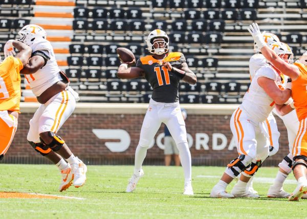 Quarterback Fazion Brandon (11) prepares to throw the ball during the Orange and White football game in Neyland Stadium. Saturday, Apr. 11, 2026.