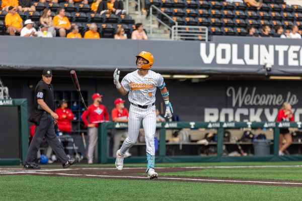 Manny Marin (4) smiles after hitting a home run against West Georgia at Lindsey Nelson Stadium. Tuesday, April 28, 2026.