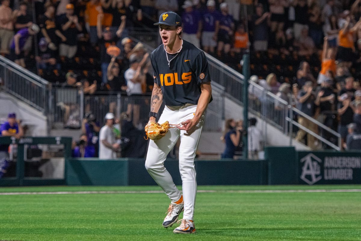 Cam Appenzeller (19) celebrates the final out in a Tennessee baseball victory over LSU at Lindsey Nelson Stadium. Saturday, April 4, 2026.