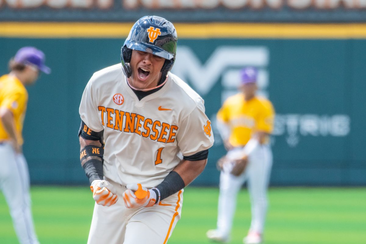 Blaine Brown (1) celebrates a grand slam during a game against LSU at Lindsey Nelson Stadium. Sunday, April 5, 2026.