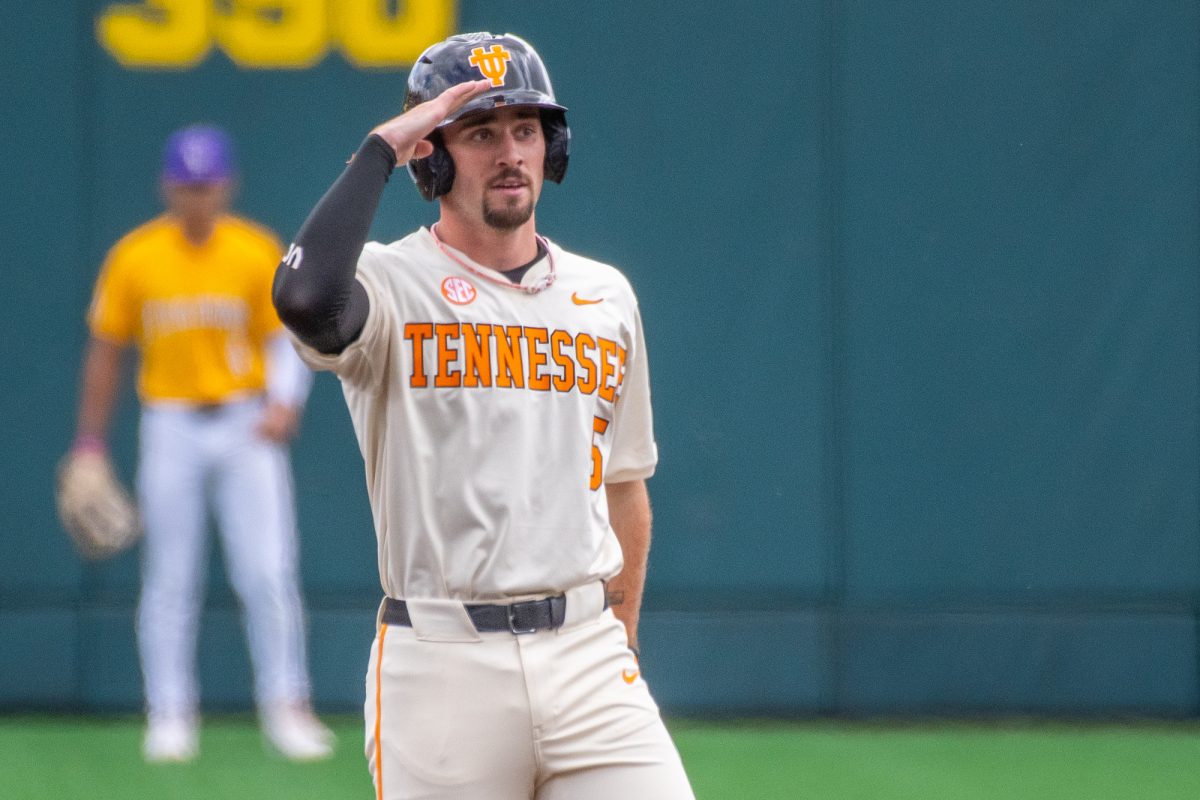 Garrett Wright (5) celebrates a double during a game against LSU at Lindsey Nelson Stadium. Sunday, April 5, 2026.