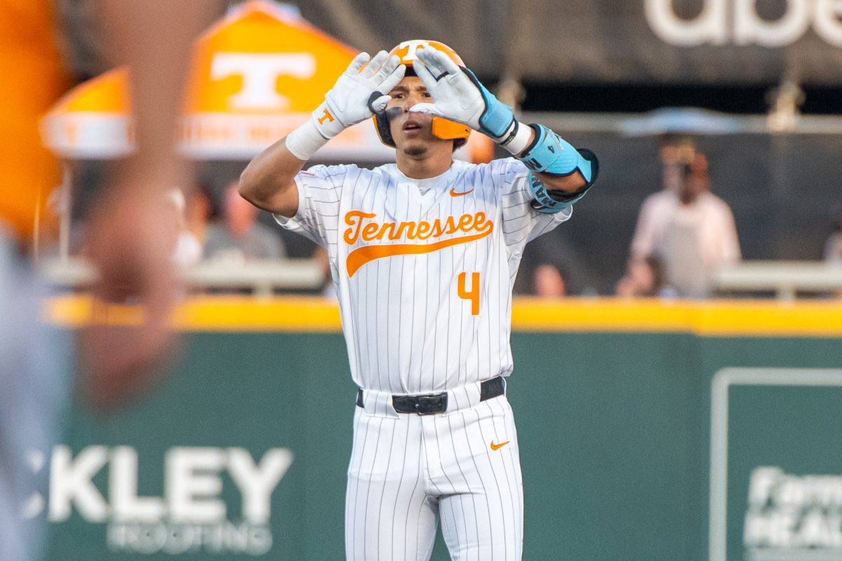 Manny Marin (4) celebrates an RBI double during a game against UNC Asheville at Lindsey Nelson Stadium. Tuesday, April 14, 2026.