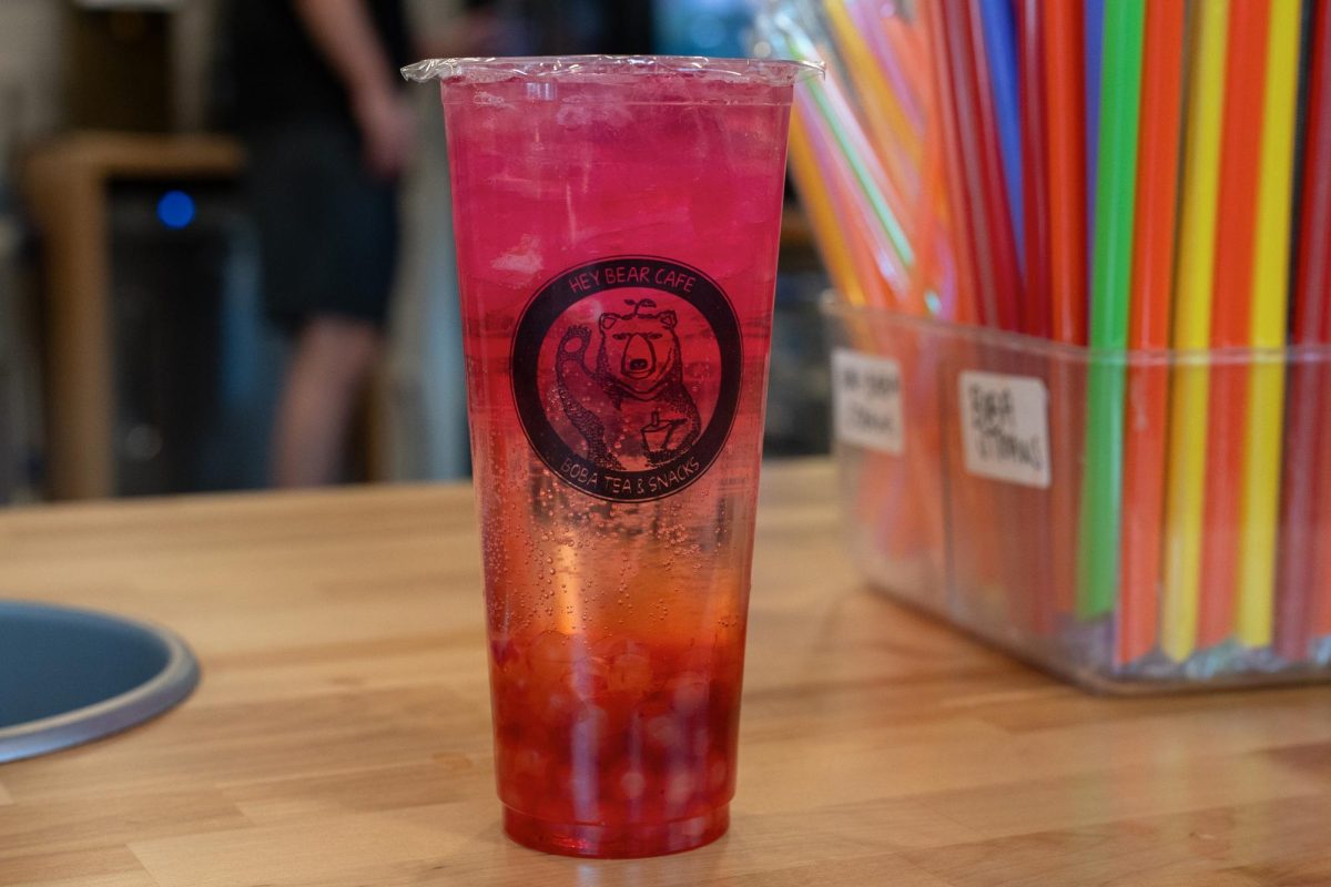 A Galaxy strawberry drink with mango boba from Hey Bear Cafe in Kerns Food Hall. Tuesday, April 7, 2026.