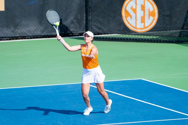Katrina Scott hits a volley during a match against Texas A&M at Barksdale Stadium, Friday, March 20, 2026.