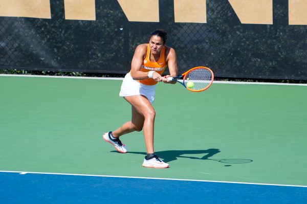 Vanesa Suarez hits a backhand during a match against Texas A&amp;M at Barksdale Stadium Friday, March 20, 2026.