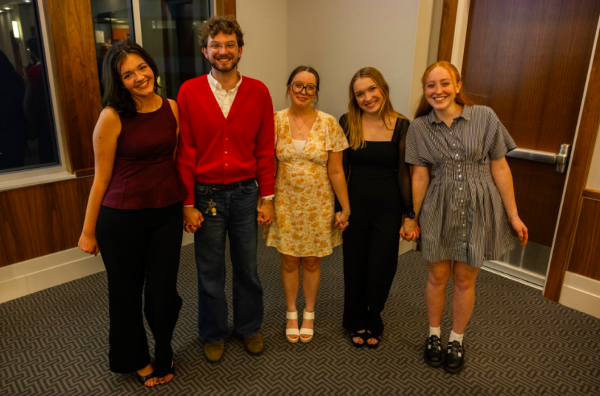 Speakers of Behind the Bylines event. Left to right: Lindsay Favre, Tom Fortner, Cambree Gliessner, Anna Reiffer and Margaret White. 