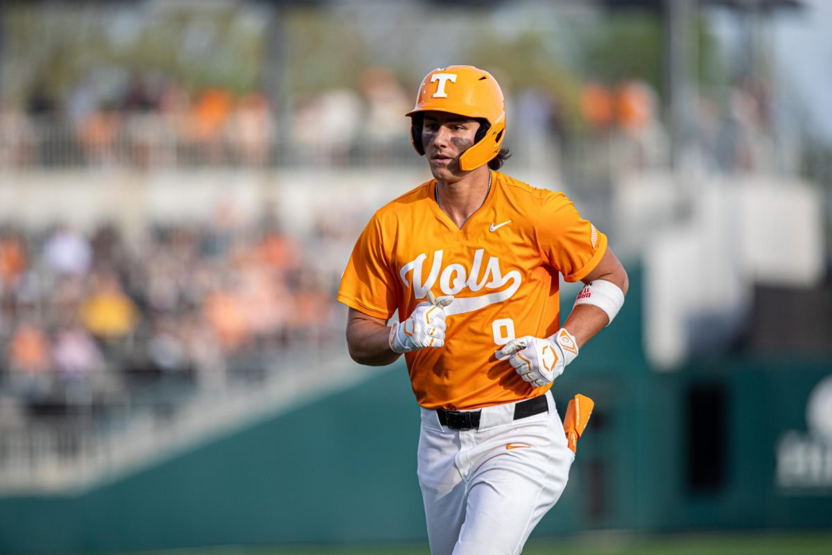 Henry Ford (9) returns to the dugout after a flyout during a game against LSU at Lindsey Nelson Stadium. Friday, April 3, 2026.