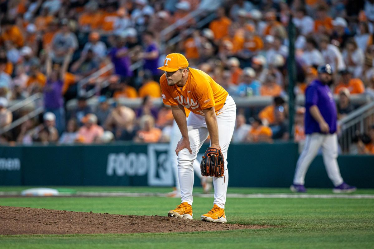 Bo Rhudy (33) watches Derek Curiel's grand slam land in the left-field porches at Lindsey Nelson Stadium. Friday, April 3, 2026.