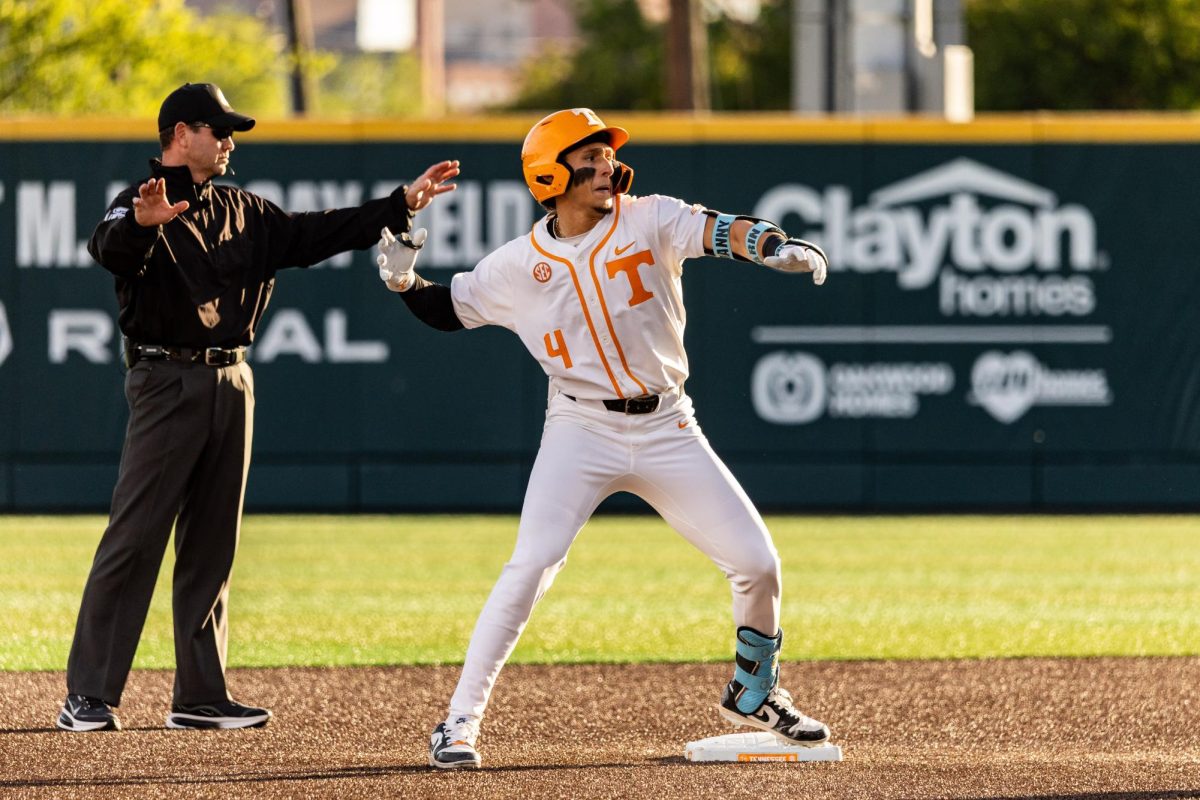 Manny Marin (4) celebrates following a hit in a game against Texas at Lindsey Nelson Stadium, Friday, May 8, 2026. 