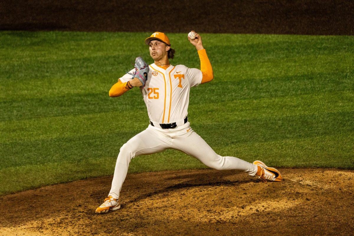 Brandon Arvidson (25) pitches in a game against Texas at Lindsey Nelson Stadium, Friday, May 8, 2026.