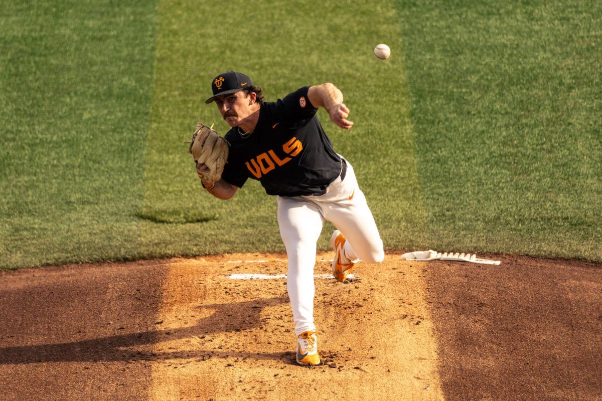 Evan Blanco (11) pitches in a game against Texas at Lindsey Nelson Stadium, Saturday, May 9, 2026.