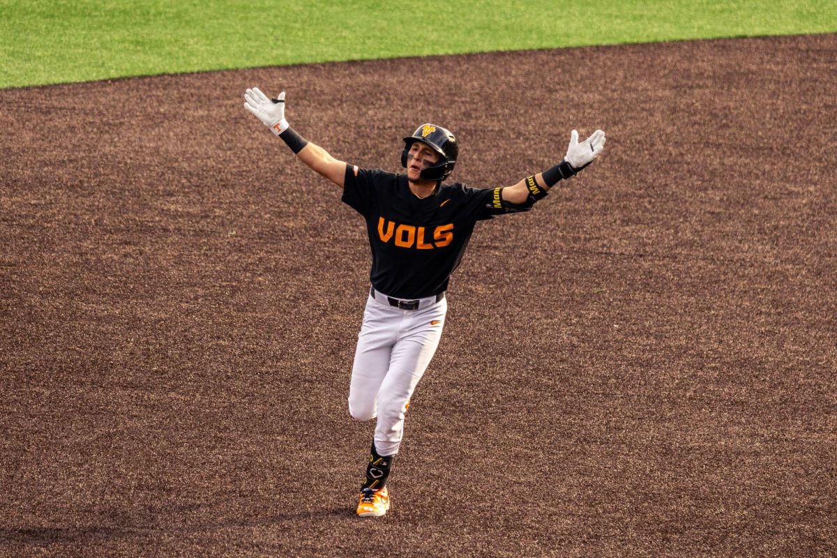 Manny Marin (4) celebrates after hitting a home run in a game against Texas at Lindsey Nelson Stadium, Saturday, May 9, 2026.
