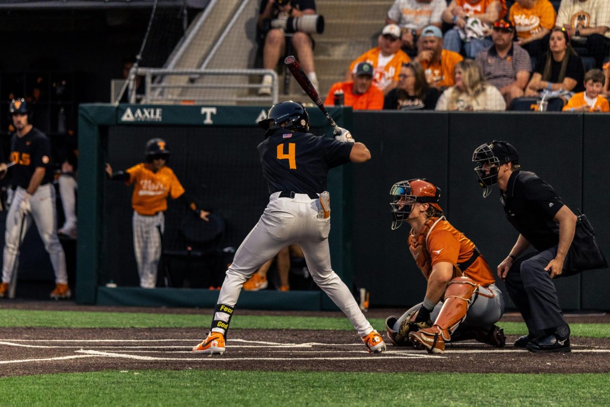 Manny Marin (4) at bat in a game against Texas at Lindsey Nelson Stadium, Saturday, May 9, 2026.