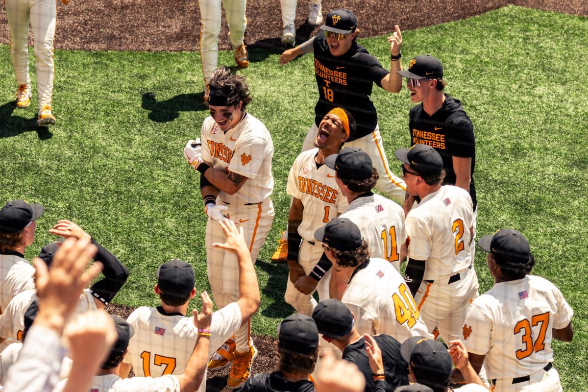 Reese Chapman (13) celebrates after hitting a grand slam in a game against Texas at Lindsey Nelson Stadium, Sunday, May 10, 2026.