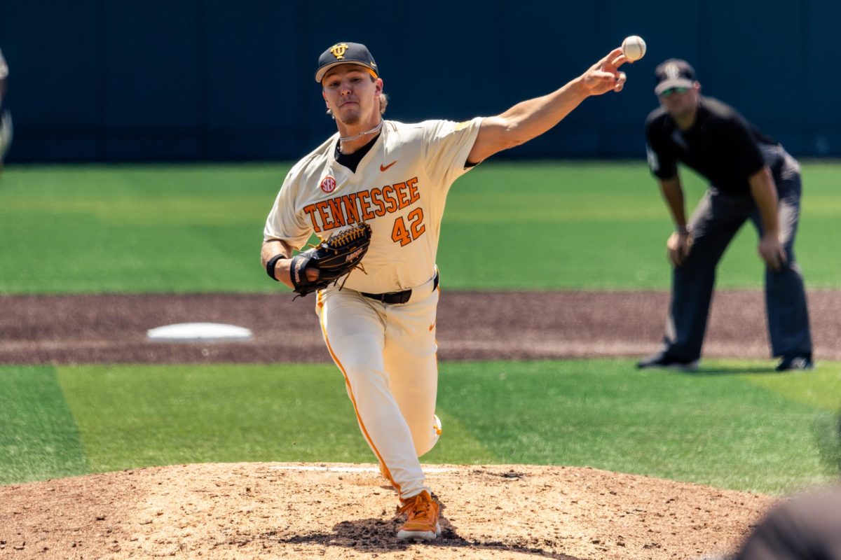 Will Haas (42) pitches in a game against Texas at Lindsey Nelson Stadium, Sunday, May 10, 2026.