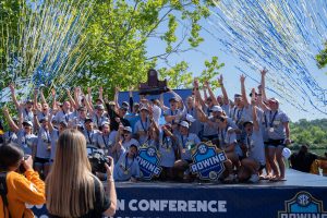 The Lady Vols Rowing team celebrates winning the SEC Championship at Melton Lake in Oak Ridge, Tennessee. Sunday May 10, 2026.