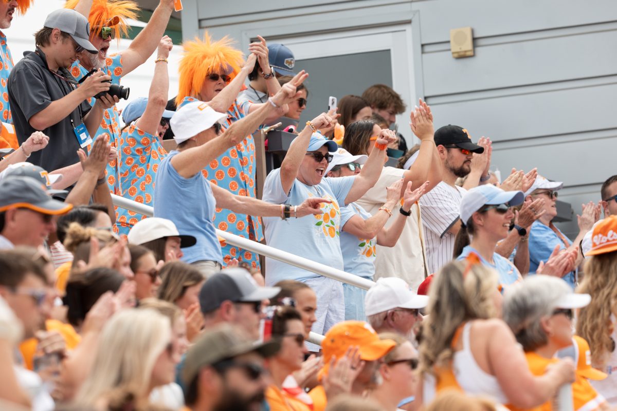 Lady Vols fans celebrate as Tennessee scores against Virginia in the NCAA Regionals at Sherri Parker Lee Stadium. Saturday, May 16, 2026.