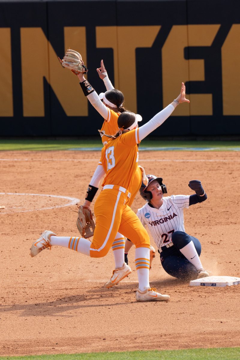 Emma Clarke (13) and Bella Faw (12) celebrate getting the final out against Virginia in the NCAA Regionals at Sherri Parker Lee Stadium to send Tennessee to the Super Regionals. Sunday, May 17, 2026.