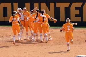 The Lady Vols celebrate their victory against Virginia in the NCAA Regionals at Sherri Parker Lee Stadium to send Tennessee to the Super Regionals. Sunday, May 17, 2026.