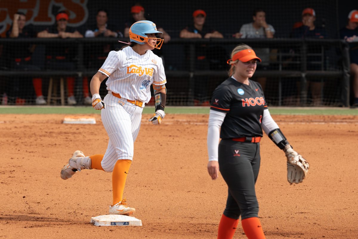 Makenzie Butt (98) rounds second base after hitting a home run against Virginia in the NCAA Regionals at Sherri Parker Lee Stadium. Saturday, May 16, 2026.