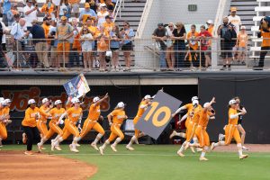 The Lady Vols celebrate beating Georgia in the Super Regionals at Sherri Parker Lee Stadium to send Tennessee to the Women's College World Series. Friday, May 21, 2026.